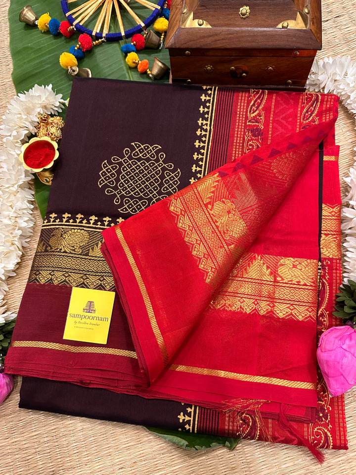 Brown with Red Kolam Handblock Printed Silk Cotton Sarees