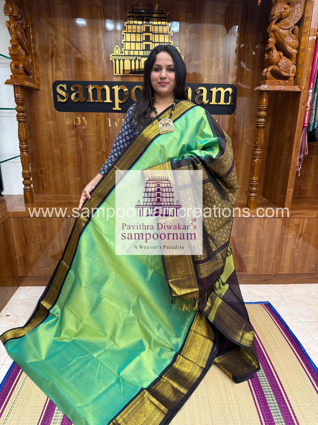 Pastel Green with Black , rich Kanchi one side big border with grand  Pallu Korvai Silk Cotton Saree