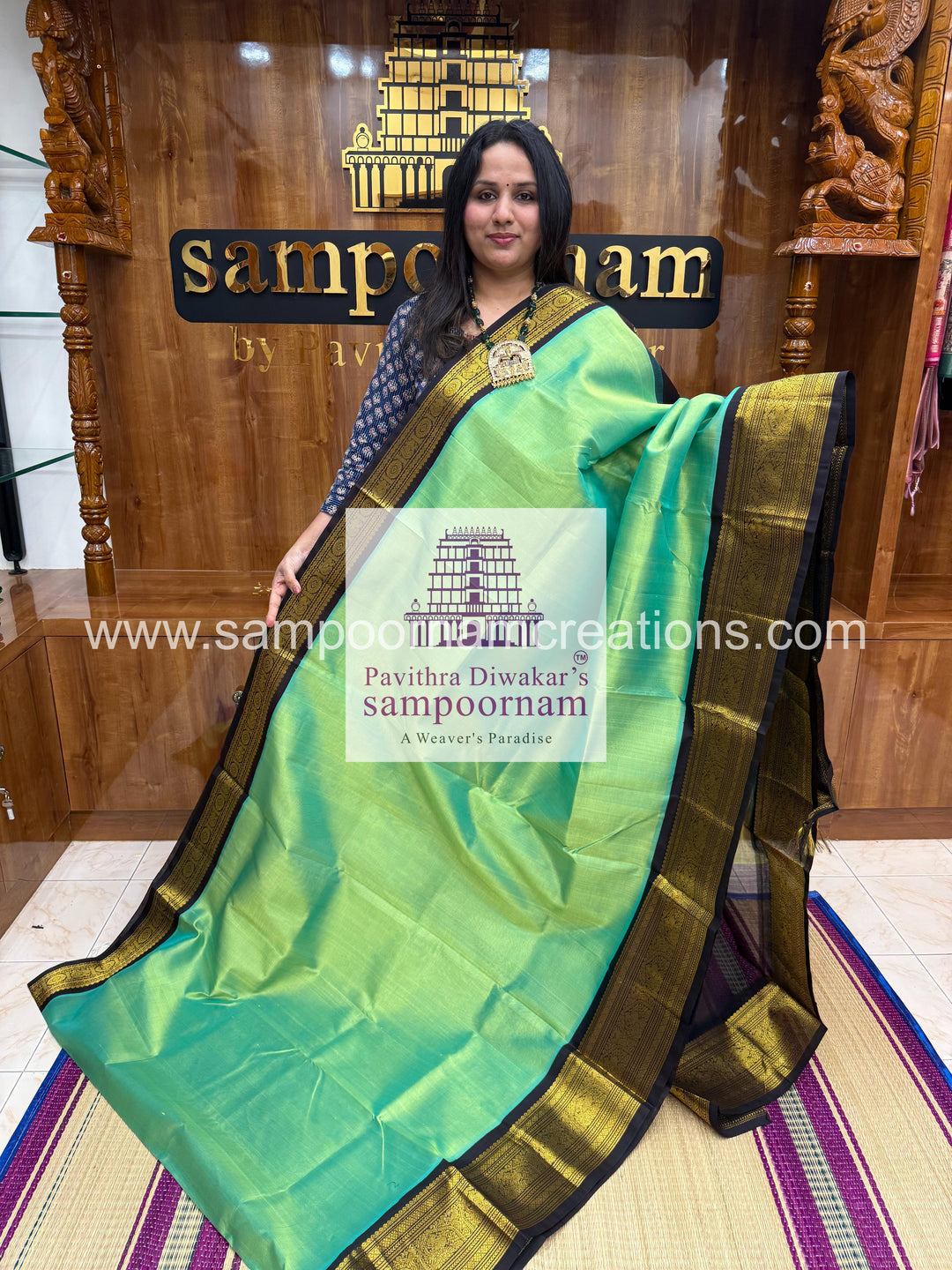 Pastel Green with Black , rich Kanchi one side big border with grand  Pallu Korvai Silk Cotton Saree