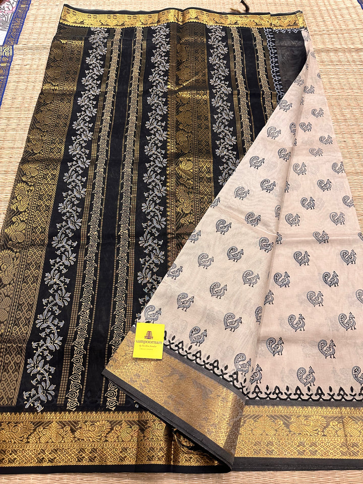 Offwhite with Black Handblock Printed Silk Cotton Saree