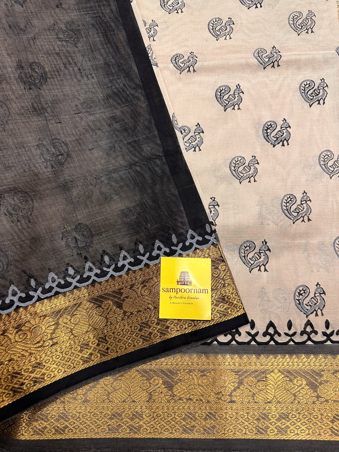 Offwhite with Black Handblock Printed Silk Cotton Saree