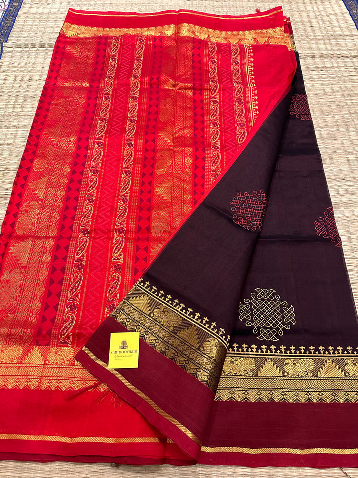 Brown with Red Kolam Handblock Printed Silk Cotton Sarees