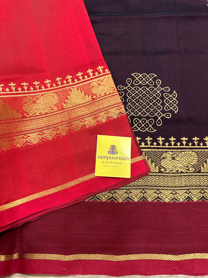 Brown with Red Kolam Handblock Printed Silk Cotton Sarees