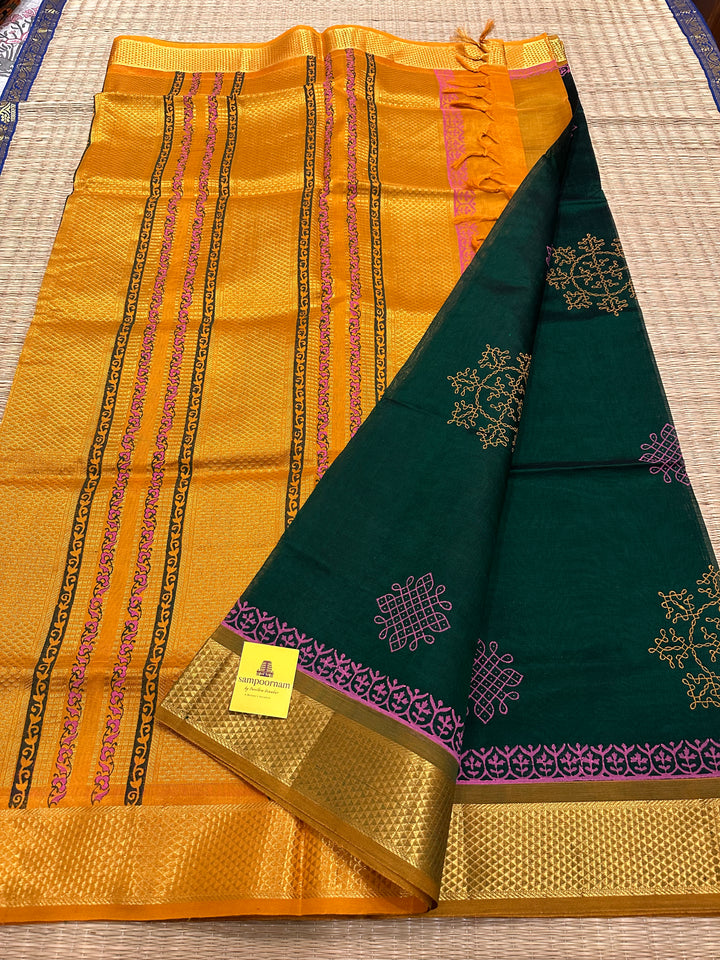 Green with Mustard Handblock Printed Silk Cotton Saree