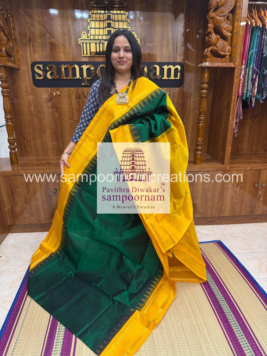 Dark Green with Manjal , temple rettapet border , grand Pallu Korvai Silk Cotton Saree