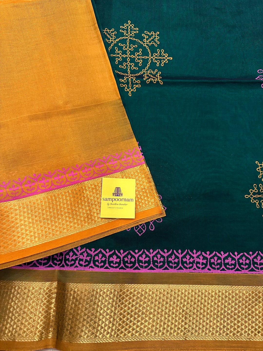 Green with Mustard Handblock Printed Silk Cotton Saree