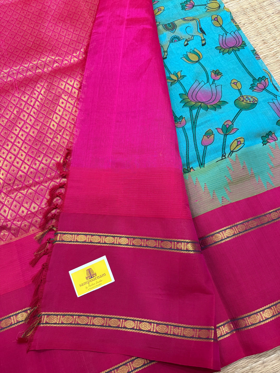 Ramar Blue with Dark Pink one side Big Temple Border Pichwai Printed Korvai Silk Cotton Saree