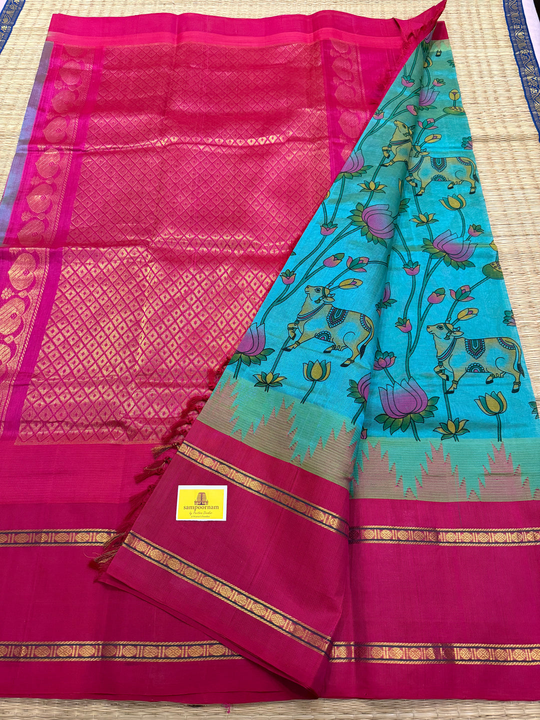Ramar Blue with Dark Pink one side Big Temple Border Pichwai Printed Korvai Silk Cotton Saree