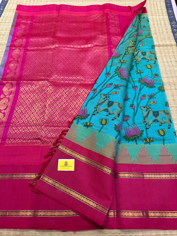 Ramar Blue with Dark Pink one side Big Temple Border Pichwai Printed Korvai Silk Cotton Saree