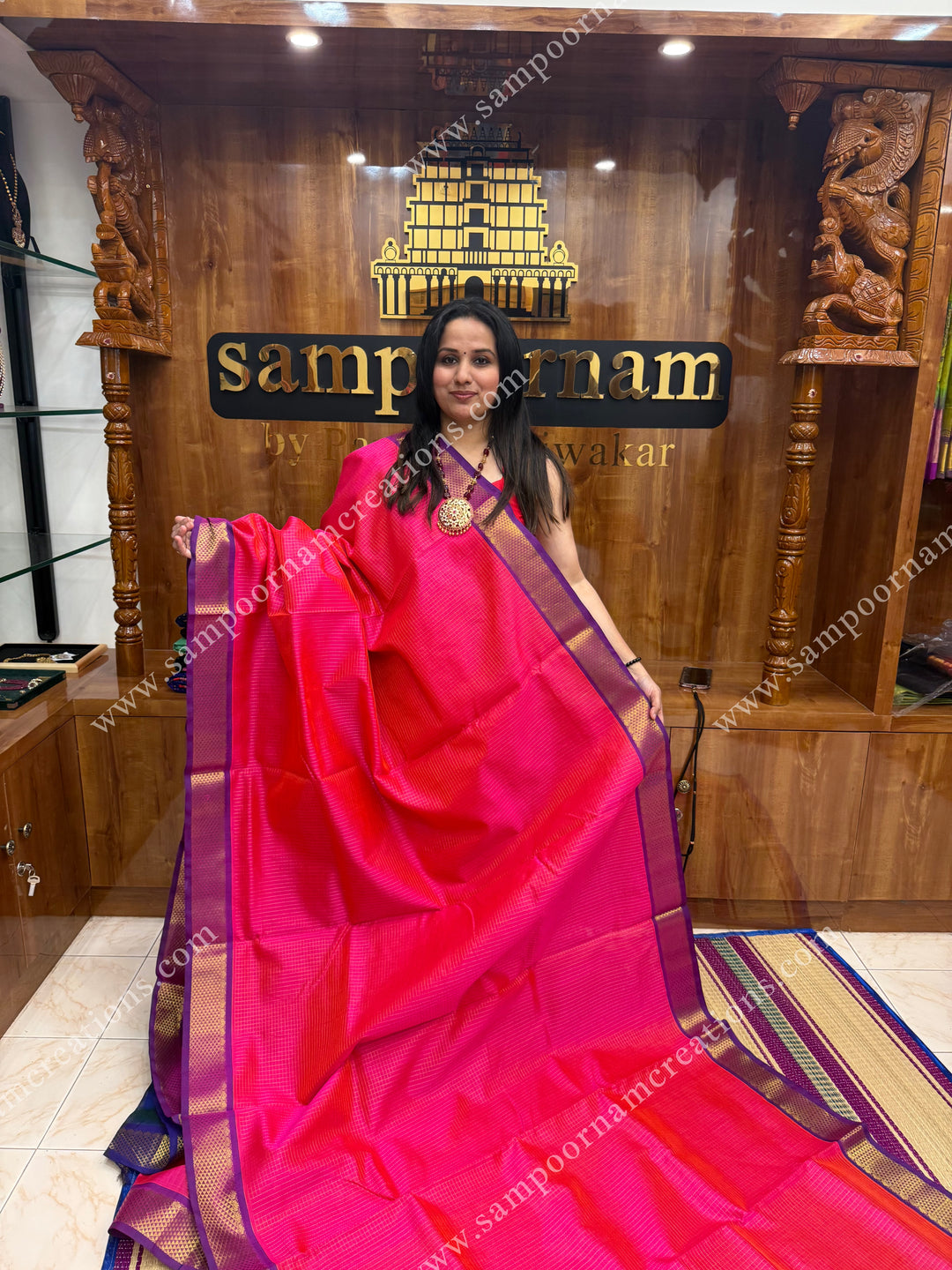 Pink with Blue , Purple Selvedge , Rich Zari Podikattam in the body , traditional borders and grand Pallu , Ten Yards Silk Cotton Saree