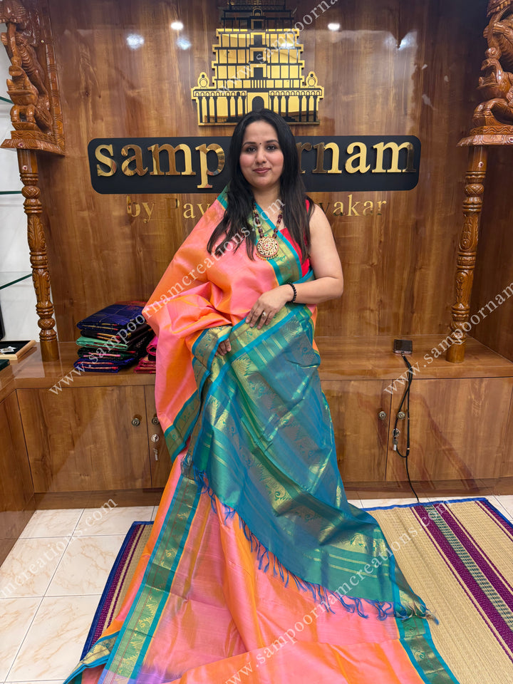 Peachish Pink with Turquoise Blue , traditional borders and rich pallu ,Ten Yards Korvai Silk Cotton Saree