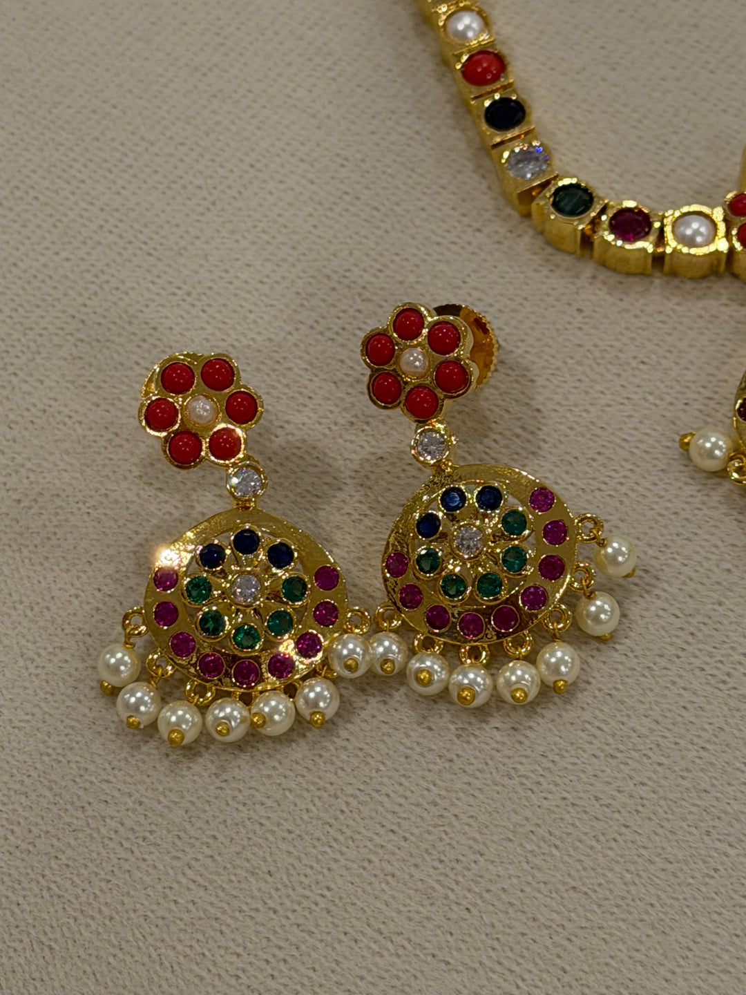 An Heirloom Inspired Navaratna Addigai Set with Drop Earrings