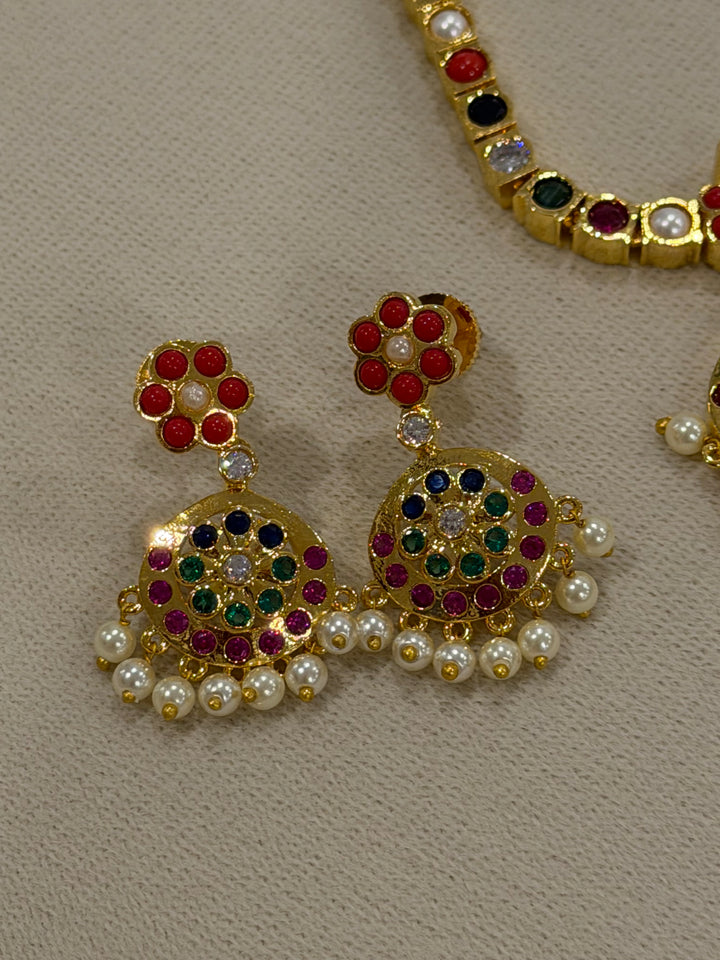 An Heirloom Inspired Navaratna Addigai Set with Drop Earrings