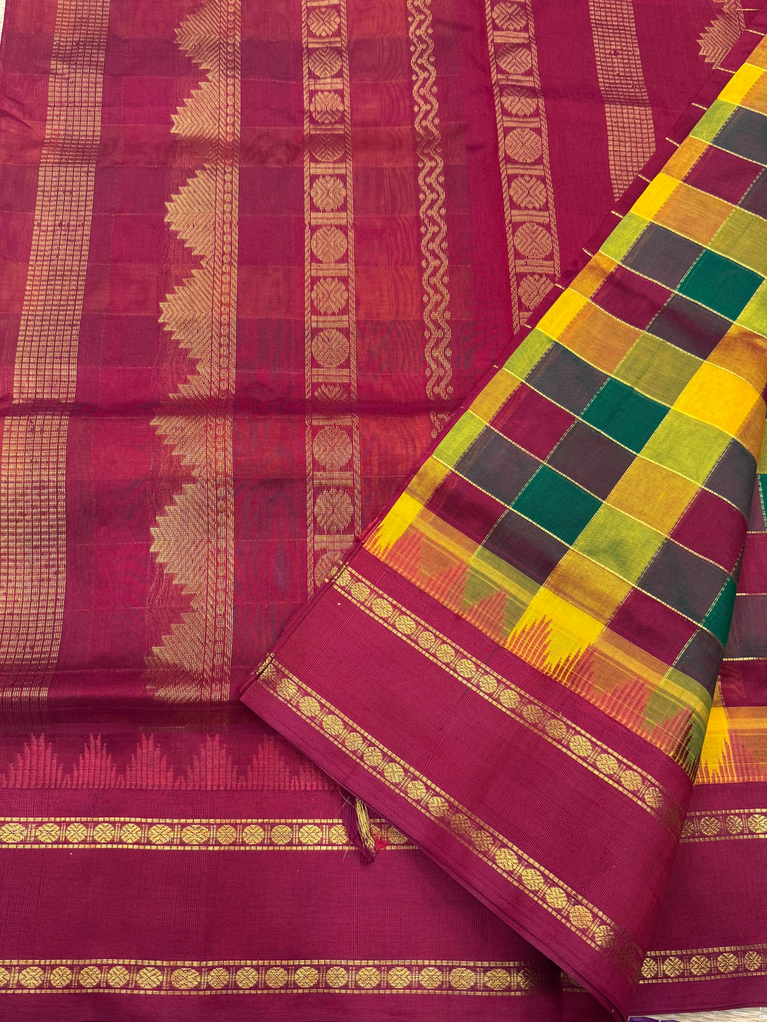 Green , Manjal , Maroon with Kumkum Red , Pallum  Pazham Checks , Temple design  rettapet borders and rich Pallu Silk Cotton Sarees