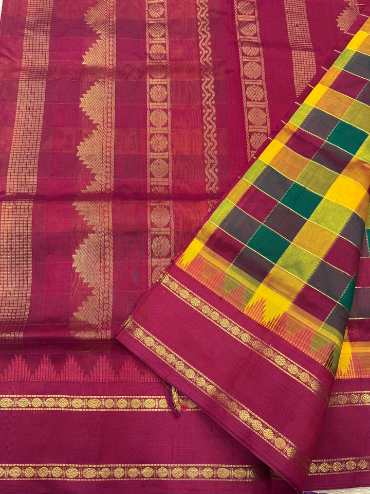 Green , Manjal , Maroon with Kumkum Red , Pallum  Pazham Checks , Temple design  rettapet borders and rich Pallu Silk Cotton Sarees