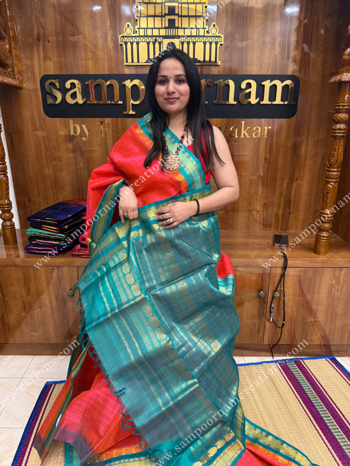 Reddish Pink with Turquoise Blue , body checks, traditional borders and rich pallu ,Ten Yards Korvai Silk Cotton Saree