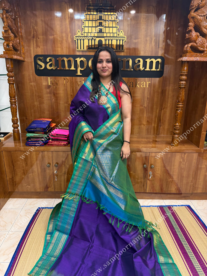 Purple with Turquoise Blue , rettapet borders and rich pallu ,Ten Yards Korvai Silk Cotton Saree