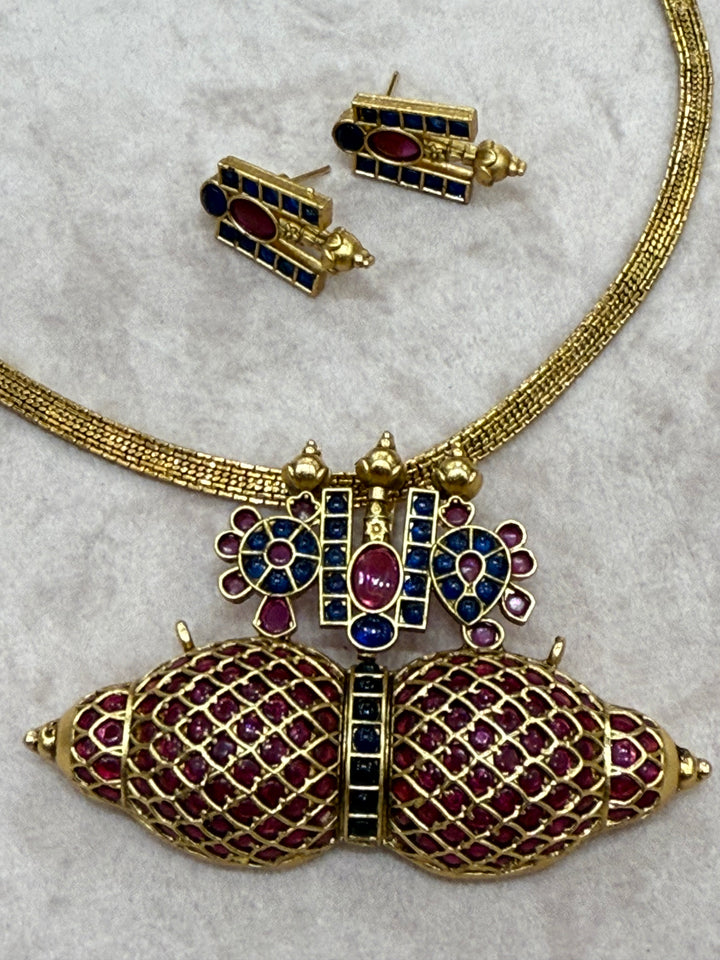 Ratna Kumbha Heritage Necklace - Red and Blue Kemp Stones