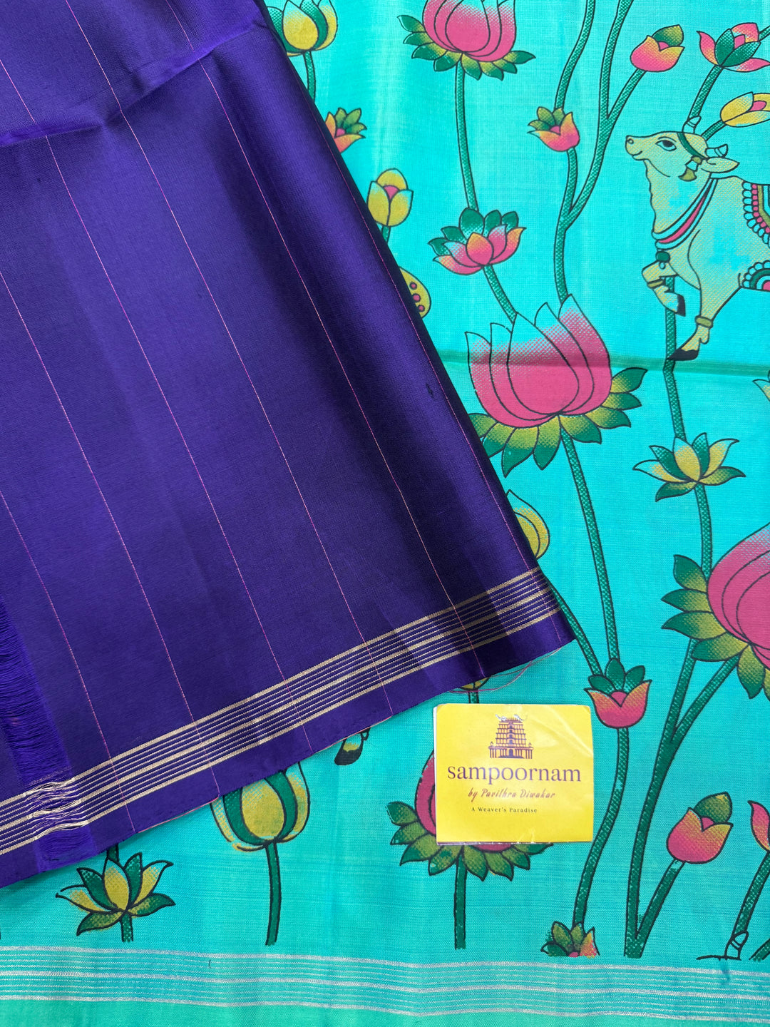 Ramar Blue with Blue , Pichwai Pure Printed Soft Silk Saree