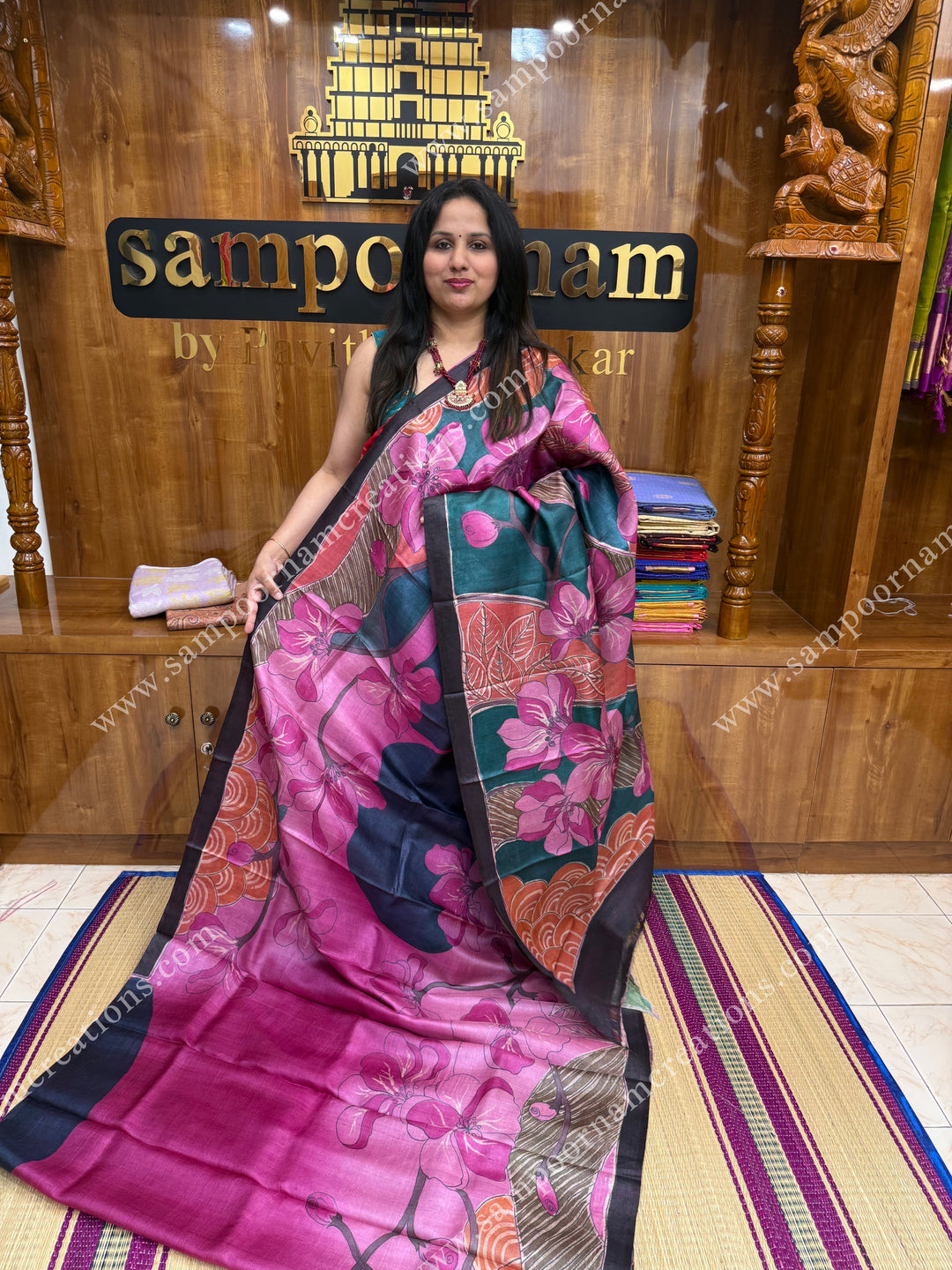 Pink with Green Floral Handpainted Designs all over the body and Pallu , Pure Tussar Silk Saree