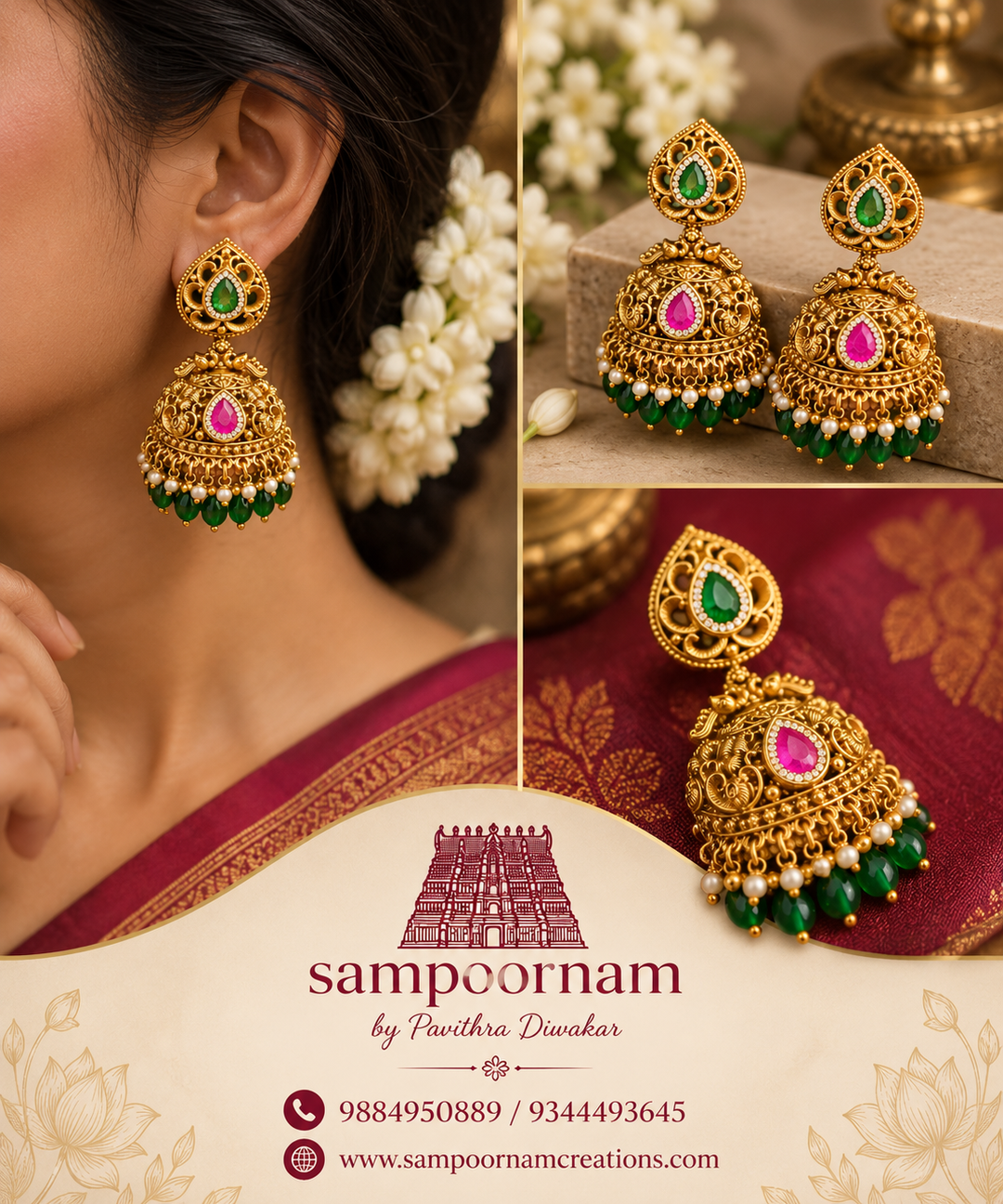 A statement jhumka that blends timeless temple elegance with a touch of colour. Emerald green, ruby pink & delicate pearls made to elevate every traditional look.