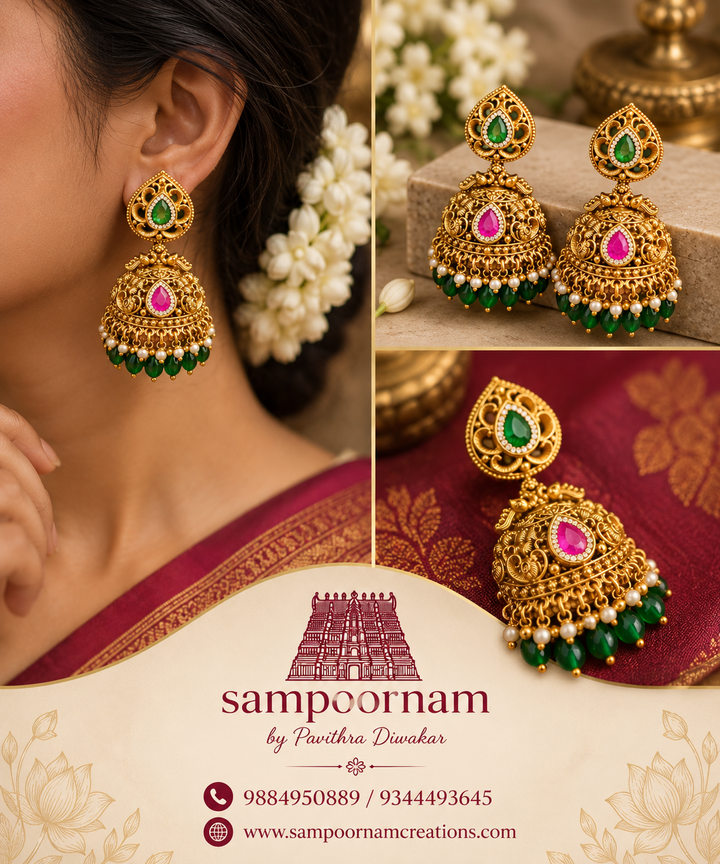 A statement jhumka that blends timeless temple elegance with a touch of colour. Emerald green, ruby pink & delicate pearls made to elevate every traditional look.