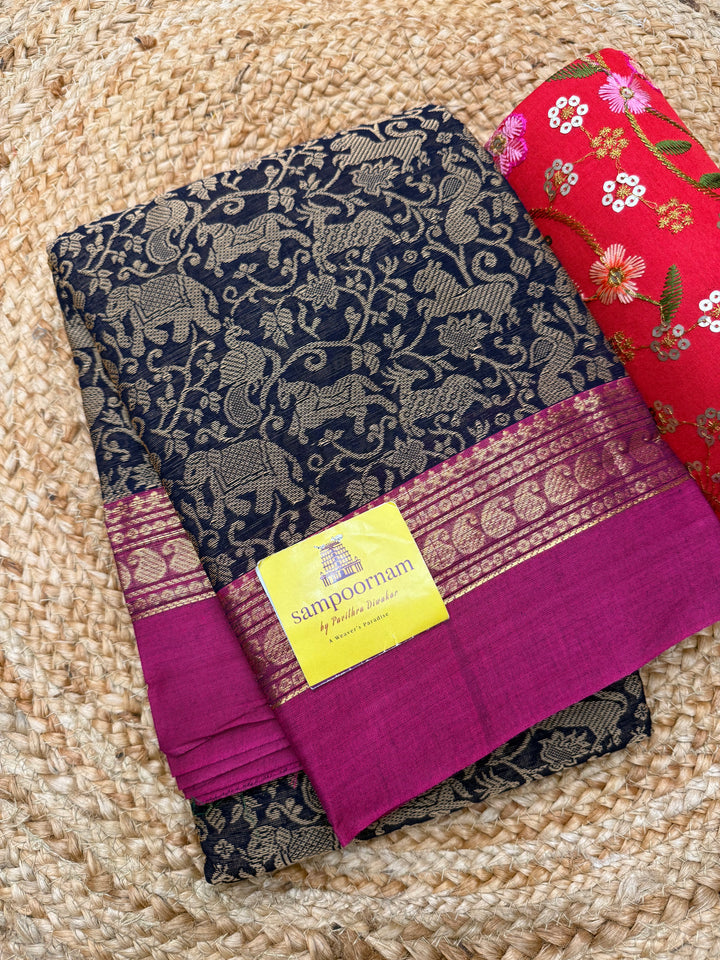 Dark Blue with Pink , Rich Vanasingaram thread motif in the body , Traditional borders and Plain Pallu Chettinad Cottton Saree