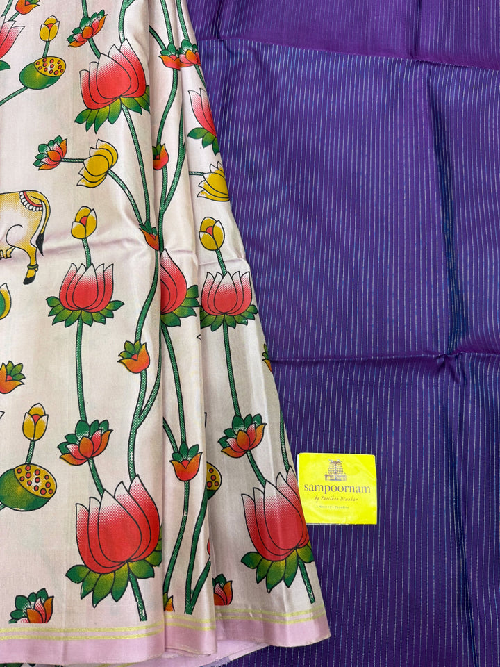 Onion Pink with Blue, Pichwai Prints in the Body , Pure Soft Silk Saree