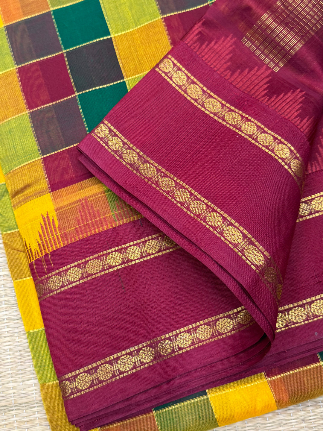 Green , Manjal , Maroon with Kumkum Red , Pallum  Pazham Checks , Temple design  rettapet borders and rich Pallu Silk Cotton Sarees