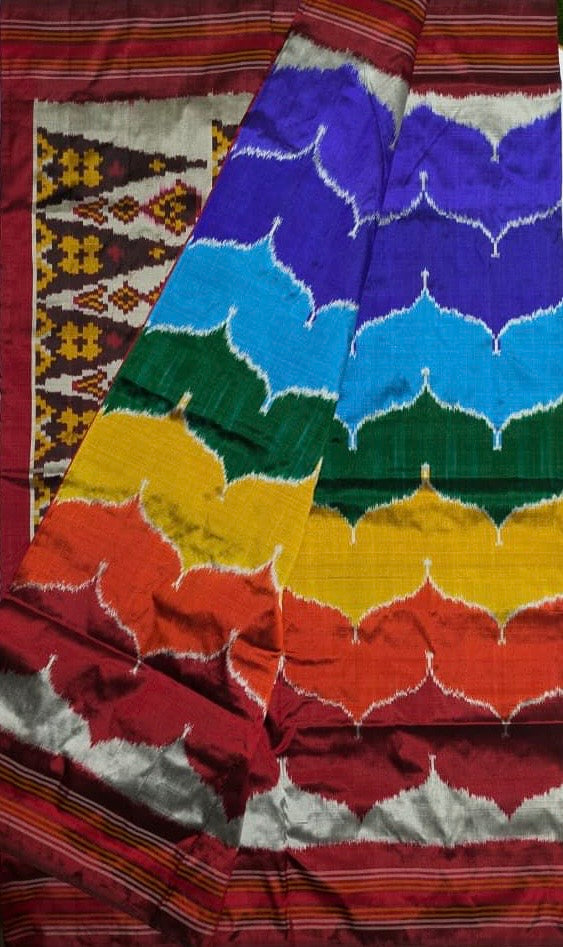 A fusion of Colours with Maroon borders and blouse , double ikkat , designer Pochampally Silk Saree