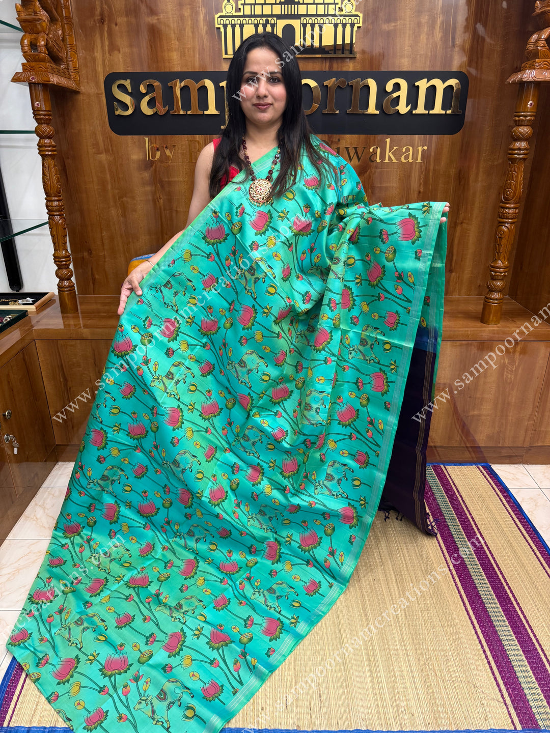 Ramar Blue with Blue , Pichwai Pure Printed Soft Silk Saree