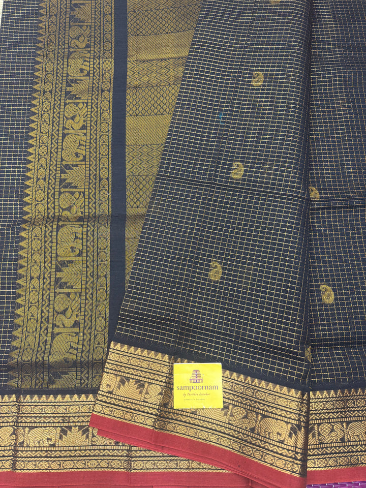 Black , Zari Podi Kattam in the body , Traditional Borders and Rich Pallu Semi Silk Cotton Saree