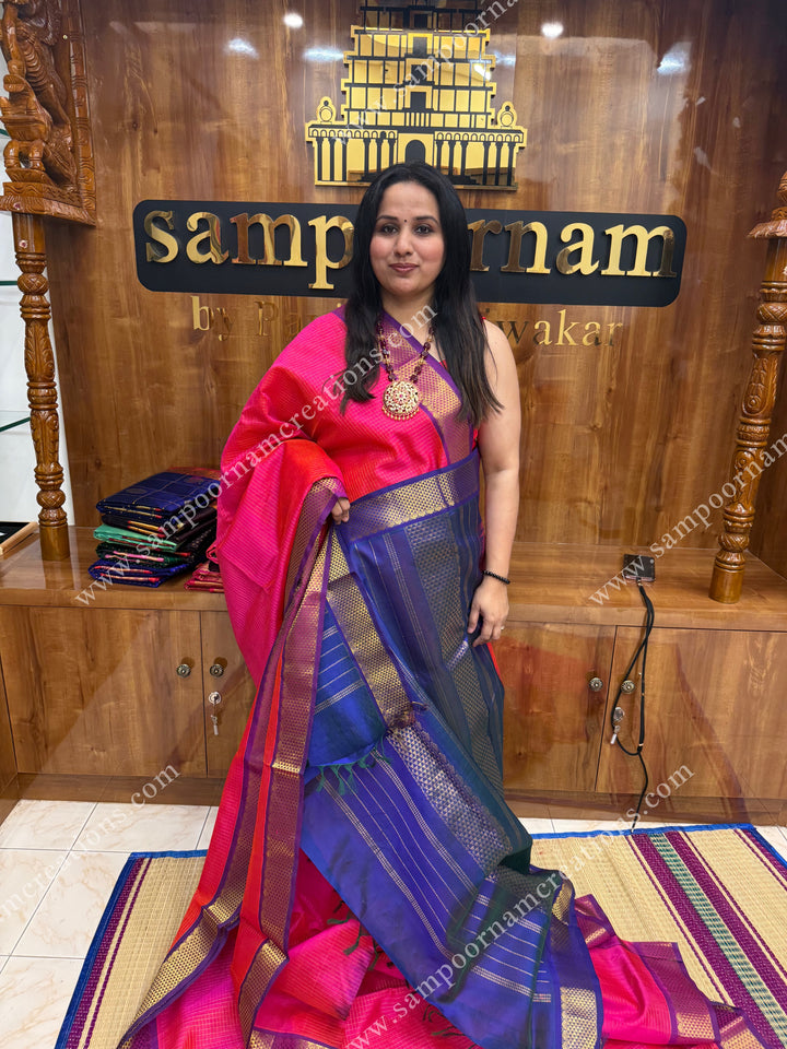 Pink with Blue , Purple Selvedge , Rich Zari Podikattam in the body , traditional borders and grand Pallu , Ten Yards Silk Cotton Saree