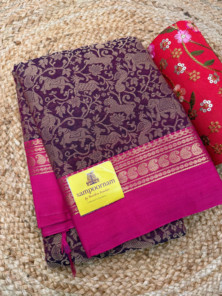 Magenta with Pink , Rich Vanasingaram thread motif in the body , Traditional borders and Plain Pallu Chettinad Cottton Saree
