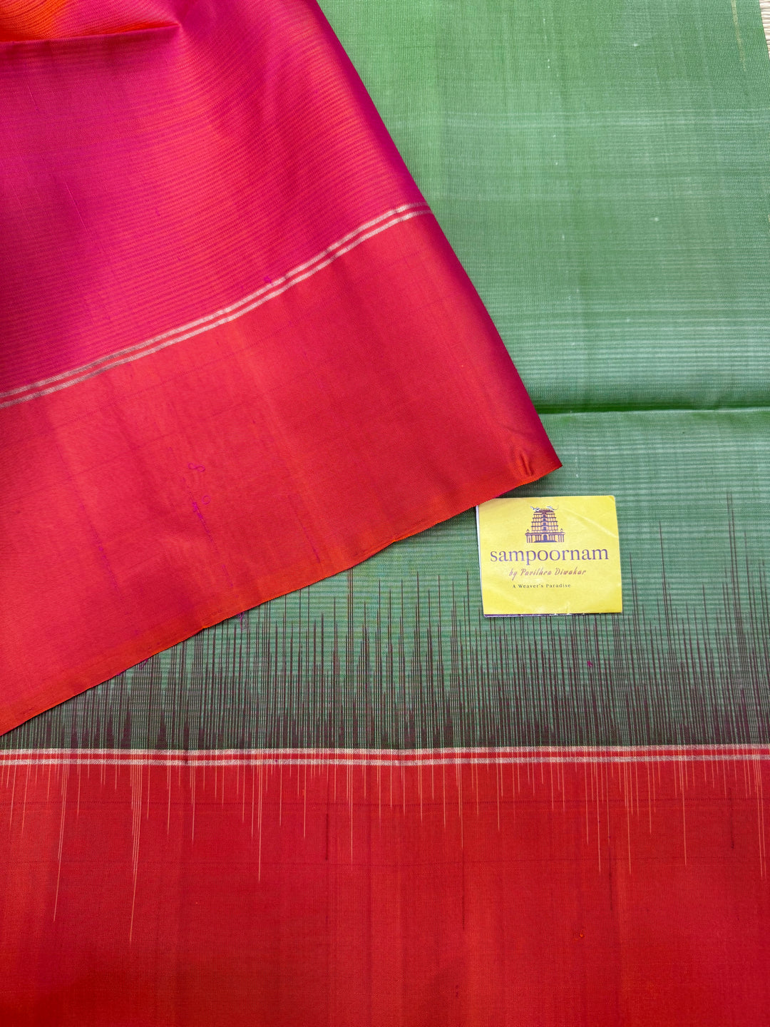 Pastel green with Orangish Pink , Rain Drop Zari Butta in the Body and Grand Pallu, Pure Soft Silk Saree