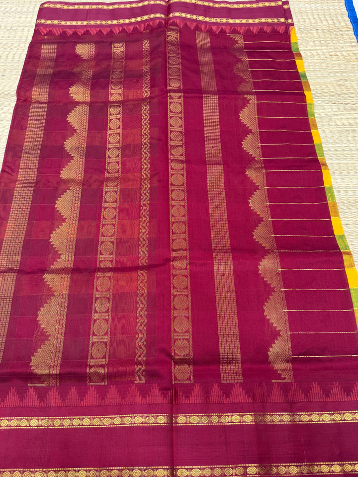 Green , Manjal , Maroon with Kumkum Red , Pallum  Pazham Checks , Temple design  rettapet borders and rich Pallu Silk Cotton Sarees