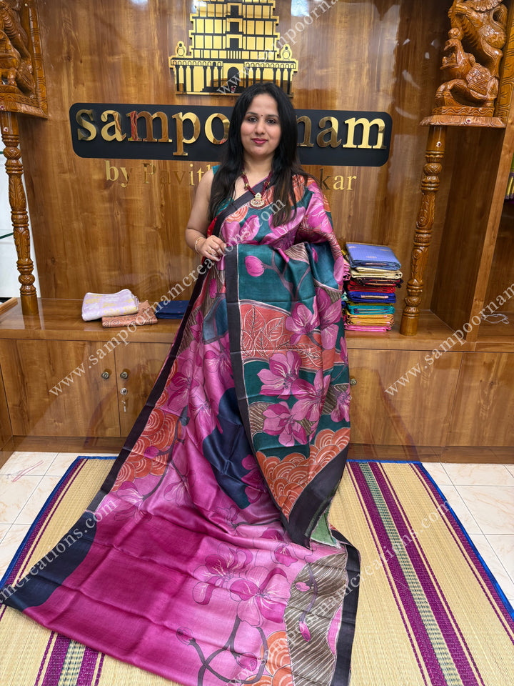 Pink with Green Floral Handpainted Designs all over the body and Pallu , Pure Tussar Silk Saree
