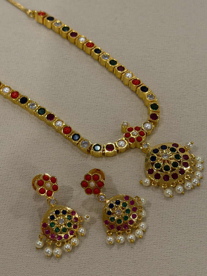 An Heirloom Inspired Navaratna Addigai Set with Drop Earrings