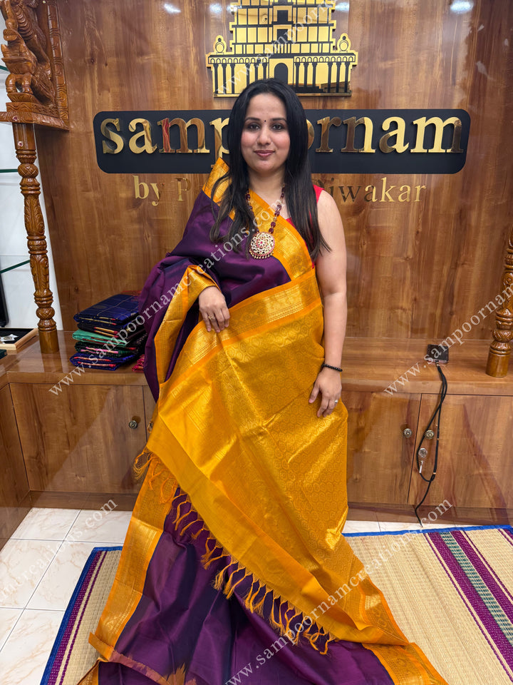 Dark Wine with Mustard Yellow ,  traditional borders and grand Pallu , Ten Yards Silk Cotton Saree