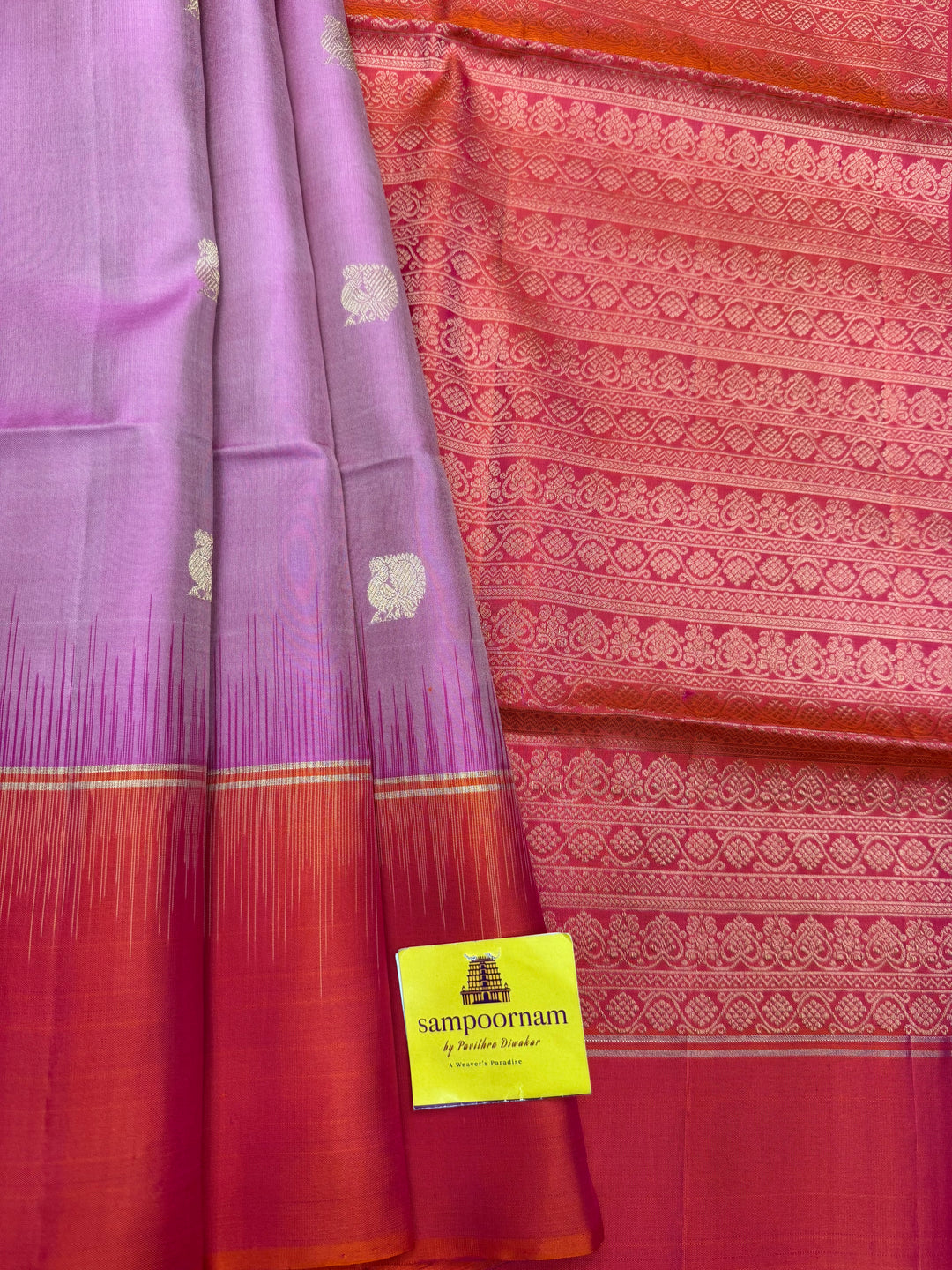 Onion Pink with Orangish Pink , Annam and Chakram Butta in the body and grand pallu, Pure Soft Silk Saree