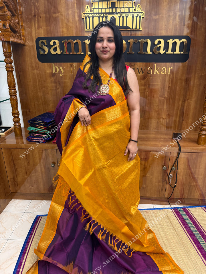 Dark Wine with Mustard Yellow ,  traditional borders and grand Pallu , Ten Yards Silk Cotton Saree