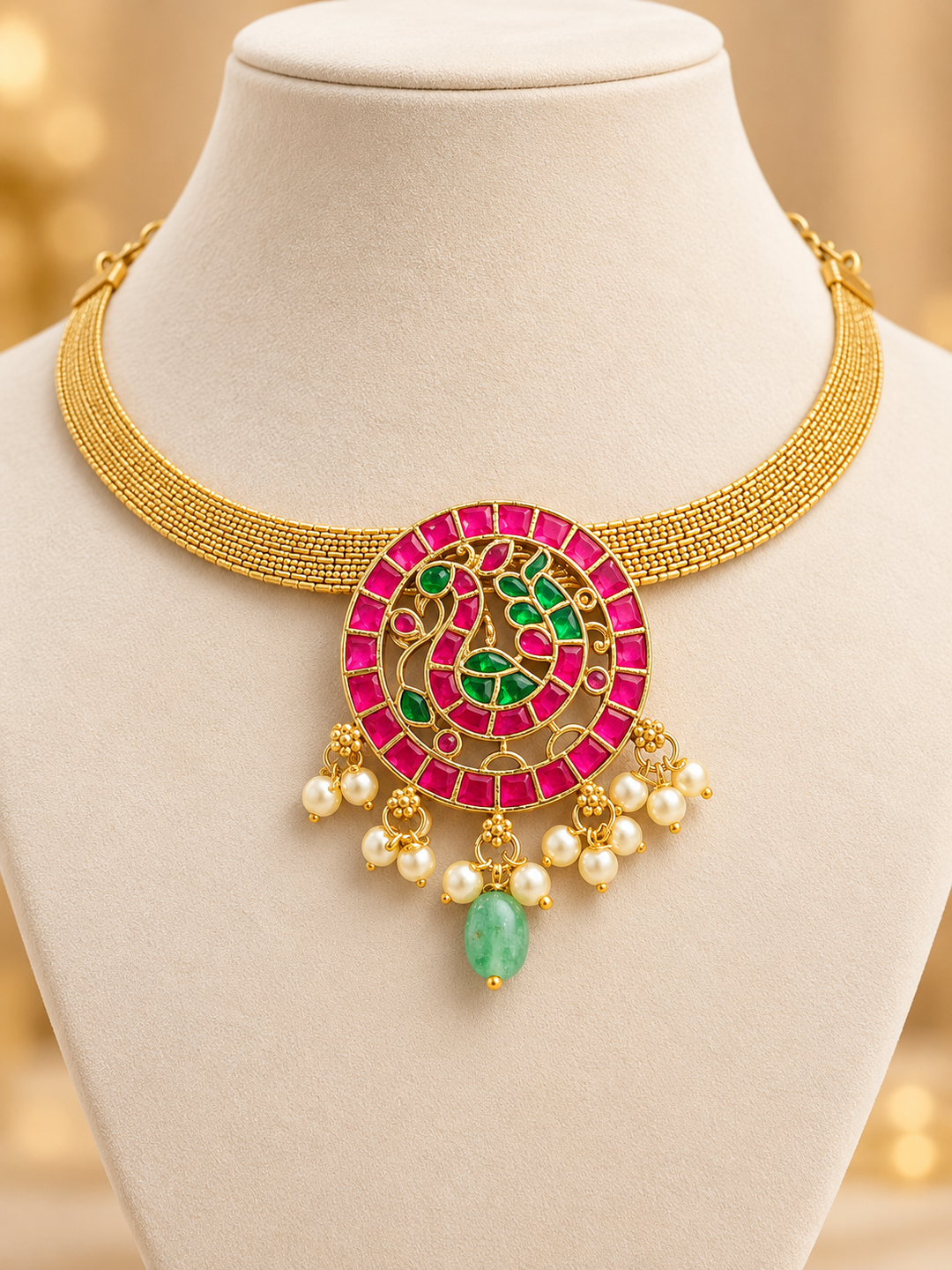 Elegant Hasli Neckpiece featuring a beautiful Kemp pendant with an Annam motif and delicate pearl embellishments