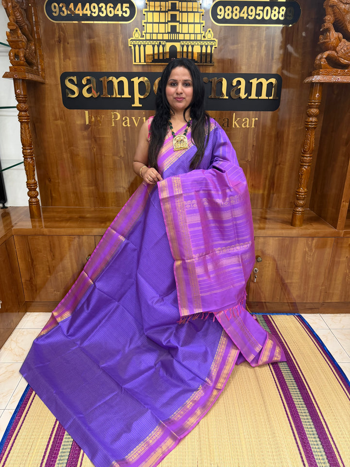 Lilac with Lavender  , Rich  Zari Kattam in the body , Rettapet  borders and Rich Pallu Pure Silk Cotton Saree