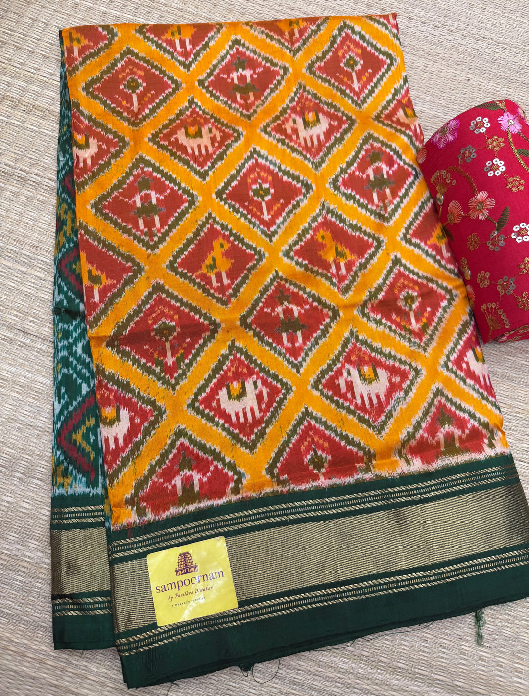 Mambazha Manjal With Green Pochampally Designs in the Body, with Traditional Borders and Rich pallu, Pochampally silk Saree