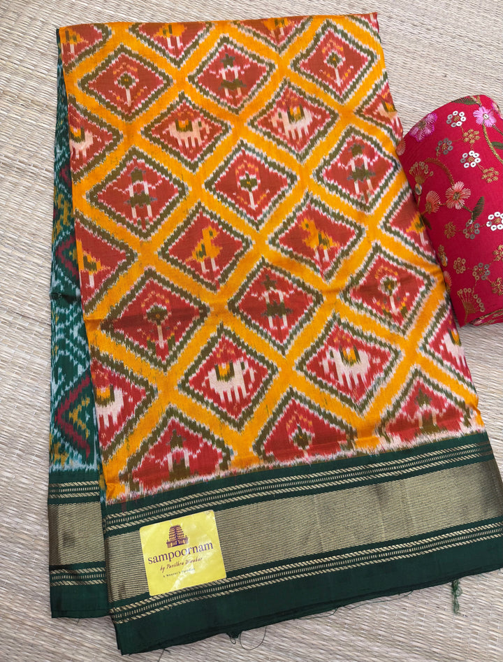 Mambazha Manjal With Green Pochampally Designs in the Body, with Traditional Borders and Rich pallu, Pochampally silk Saree