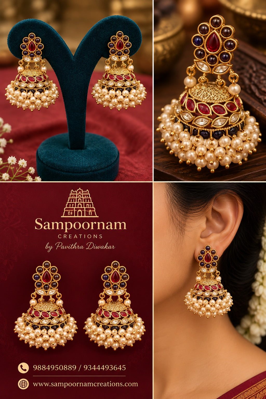 A Statement Floral Jhumka featuring Rich Ruby - Red and Deep Purple Stones and intricate Gold- toned detailing . Finished with a Lavish Cascade of Pearl Hangings and delicate Gold Beads
