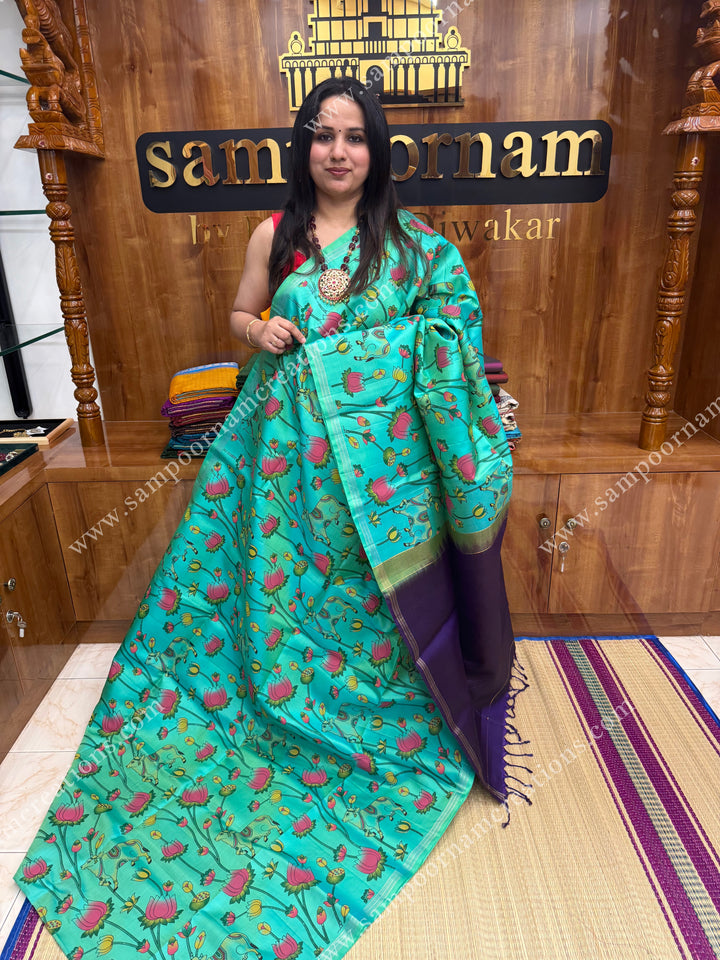 Ramar Blue with Blue , Pichwai Pure Printed Soft Silk Saree