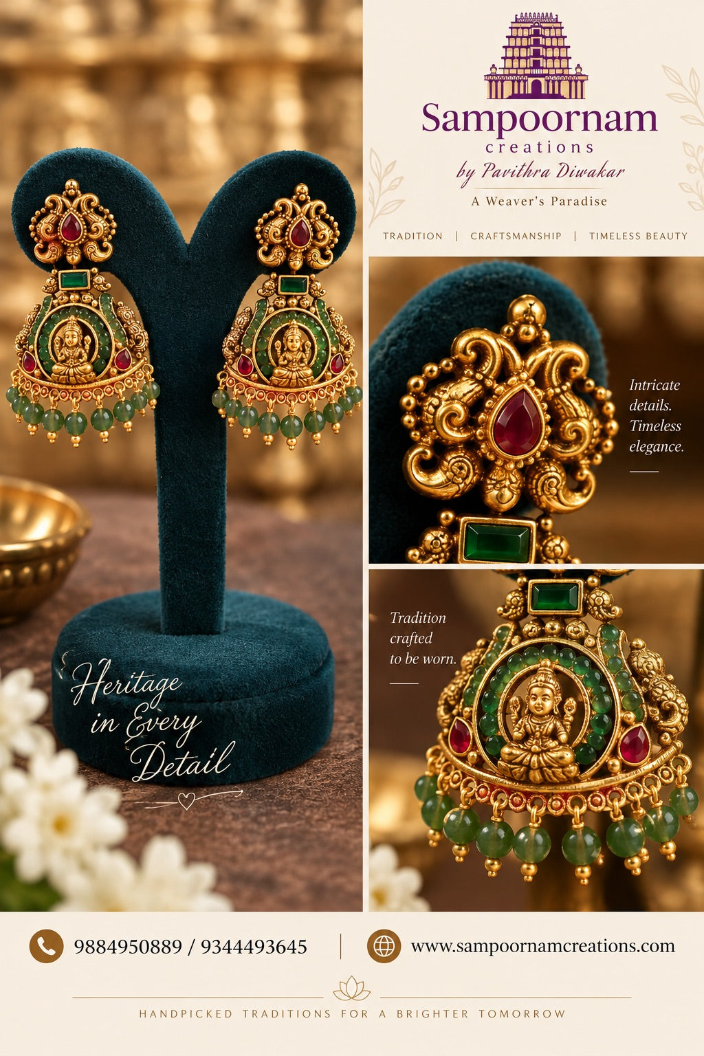 Temple Jewellery inspired Lakshmi Jhumka adorned with vibrant Green beeds and Rich Red Stone accents . Finished with cascading Green Bead hangings for a beautiful , traditional Festive Look .
