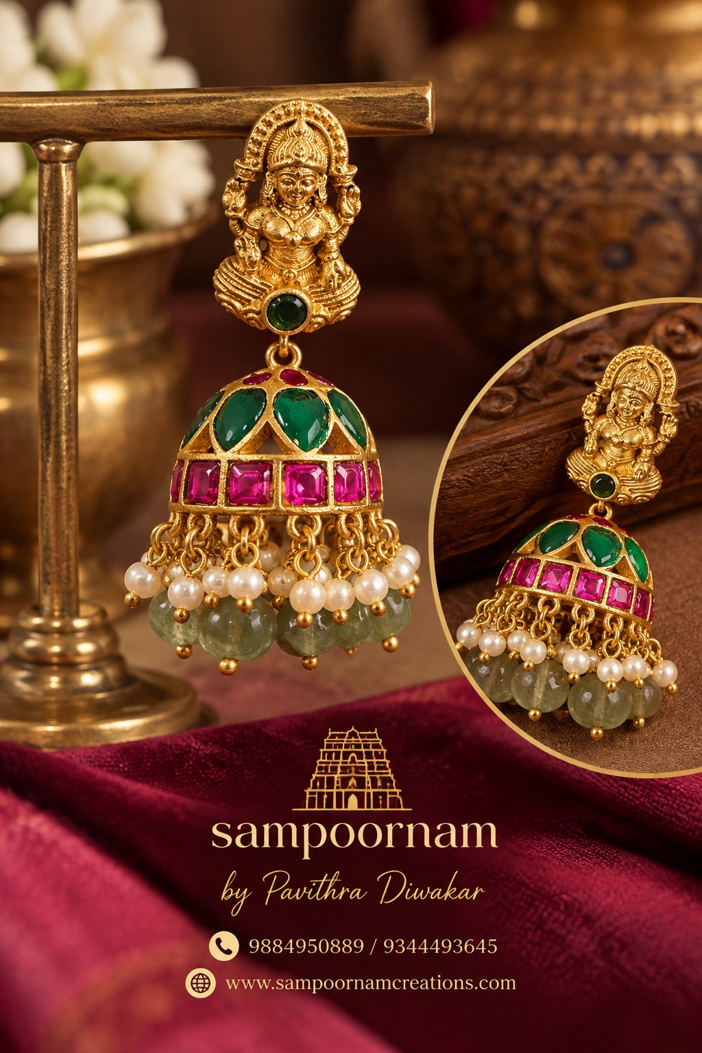 A Stunning Lakshmi motif Jhumka Adorned with Rich Green and Pink stones , delicate Pearl accents and Cascading Green bead Hangings .