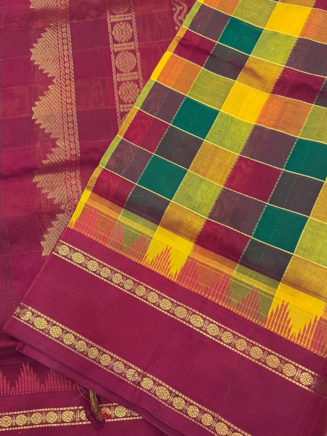 Green , Manjal , Maroon with Kumkum Red , Pallum  Pazham Checks , Temple design  rettapet borders and rich Pallu Silk Cotton Sarees